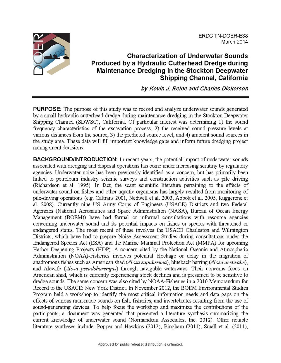 Characterization of underwater sounds produced by a hydraulic cutterhead dredge during maintenance dredging in the Stockton Deepwater Shipping Channel, California - USACE-p266001co